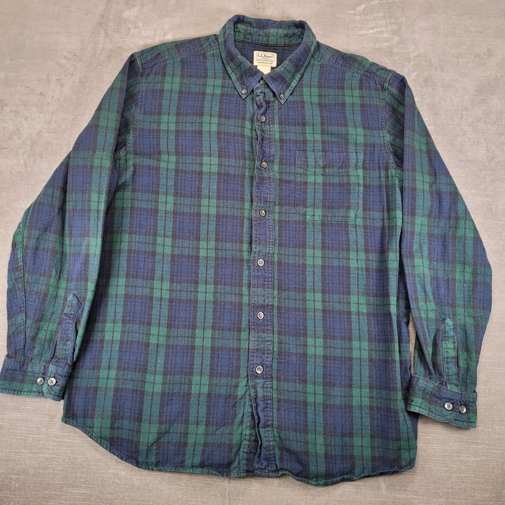 LL Bean Vintage Mens XL Flannel Shirt Black Watch Plaid Cotton Traditional‎ Fit